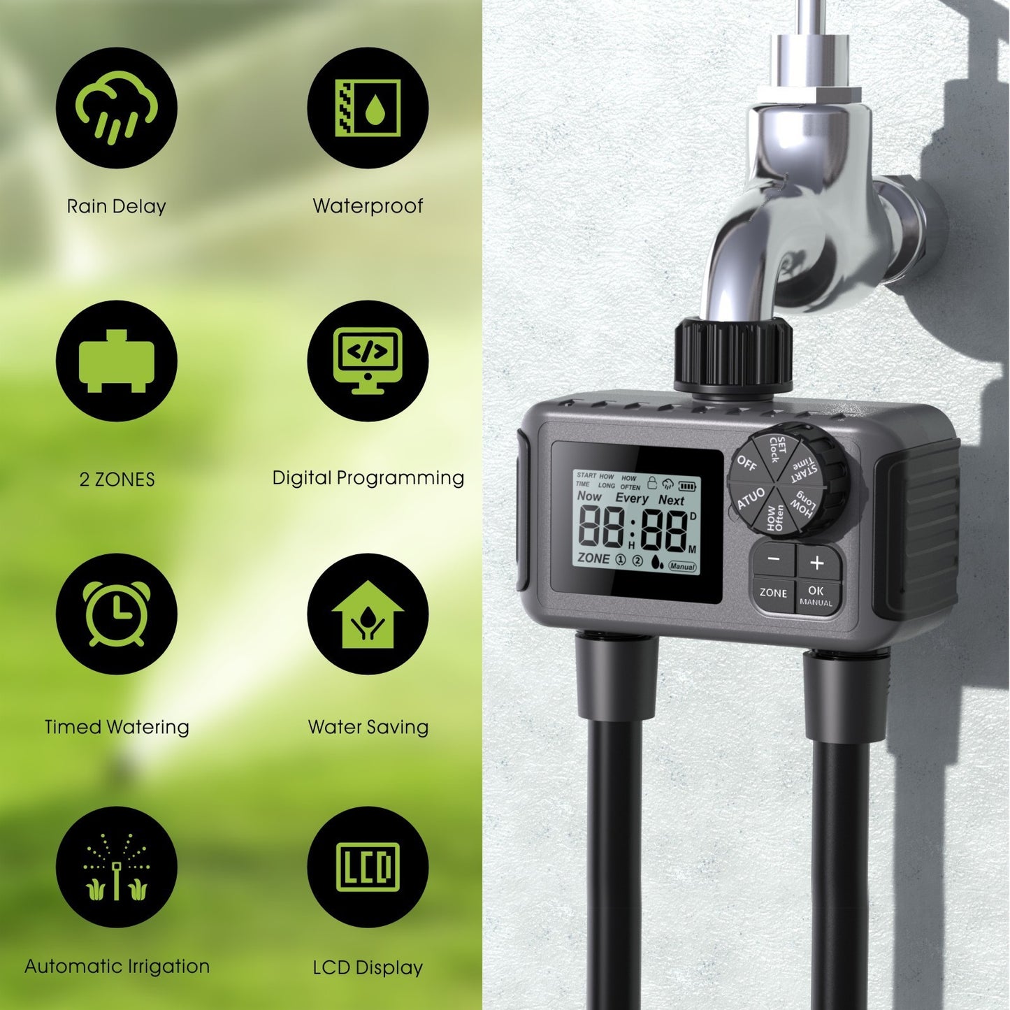 Automatic Irrigation Timer Large Screen Dual-channel Intelligent Watering Controller
