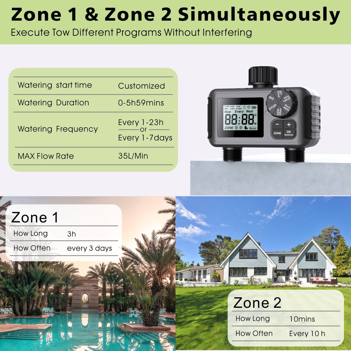 Automatic Irrigation Timer Large Screen Dual-channel Intelligent Watering Controller